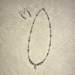 Pearl and Purple bead Necklace and Earring Set